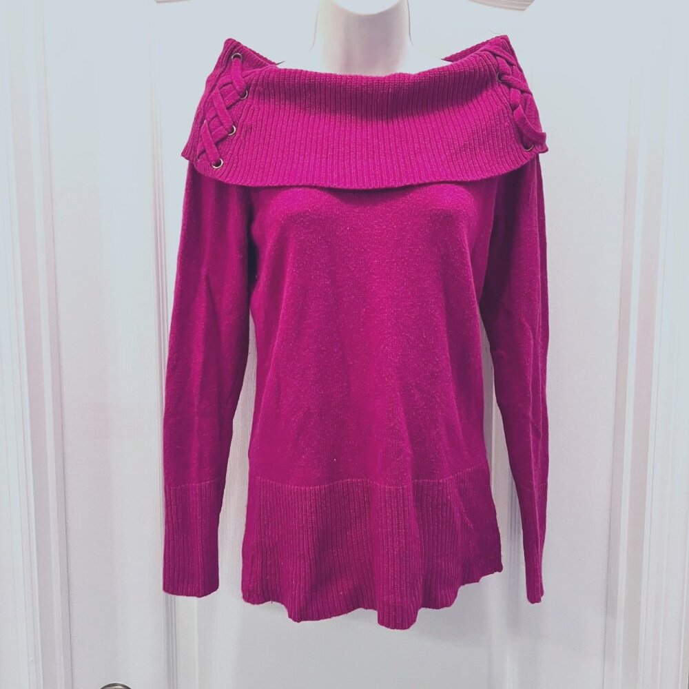 Cache Women's Fuchsia/Gold Shrug Off Shoulder Rabbit Hair Mix Sweater-Size Med